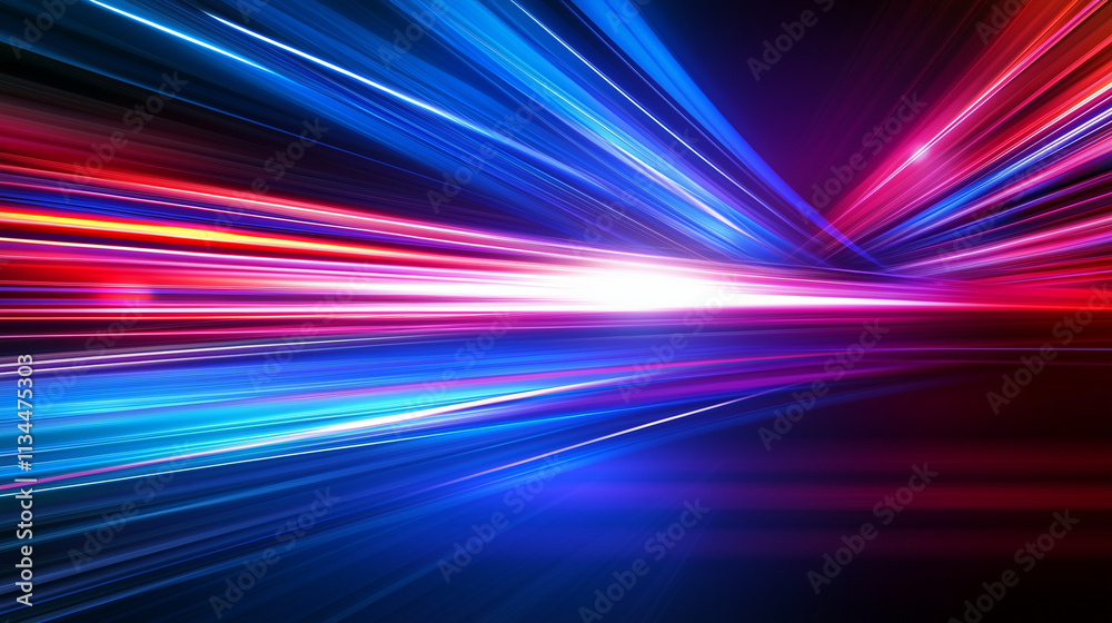 Dynamic speed motion abstract background with blue and red neon lights, high-tech data transfer concept, digital illustration. Futuristic, cyberpunk, vector art, wide angle, high resolution, dark back