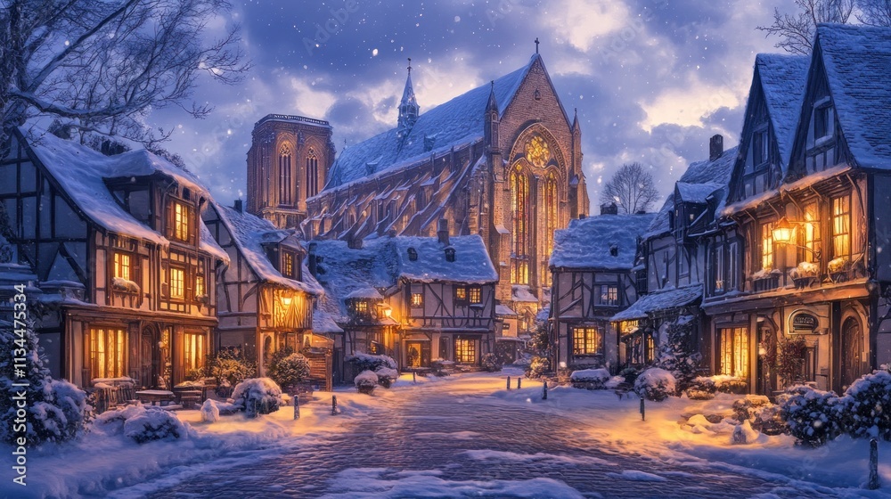 Obraz premium Snowy village street at night with church and illuminated houses.
