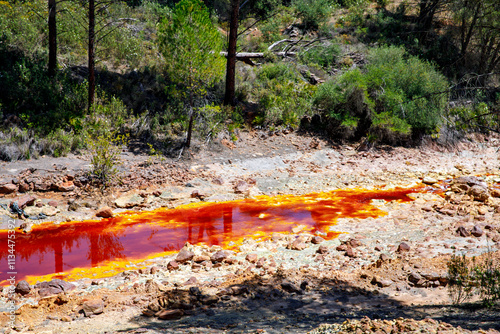 Rio Tinto river and iron mines. Red tinted river by copper, iron on the ground. Water used in life study for life detection in Mars. photo