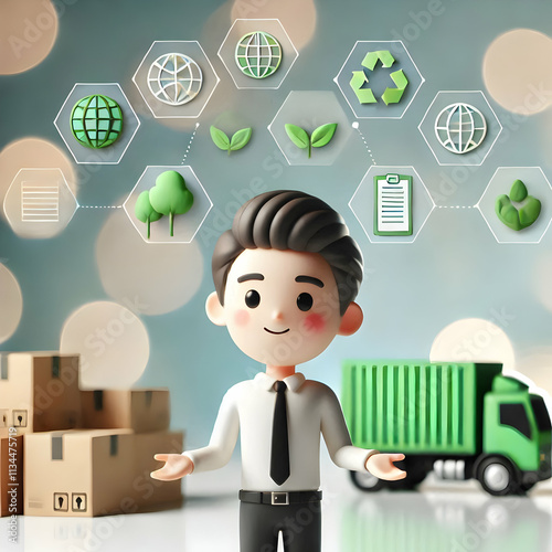 3D Entrepreneur overseeing eco friendly logistics in bokeh digital art copy space concept as An entrepreneur oversees eco friendly logistics operations in a bokeh digital art background highlighting s photo