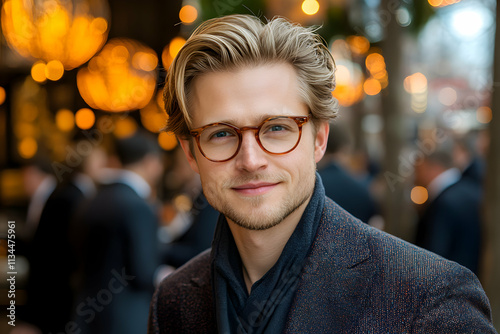 Portrait of a Man with Blonde Hair and Glasses Smiling in a Festive Setting