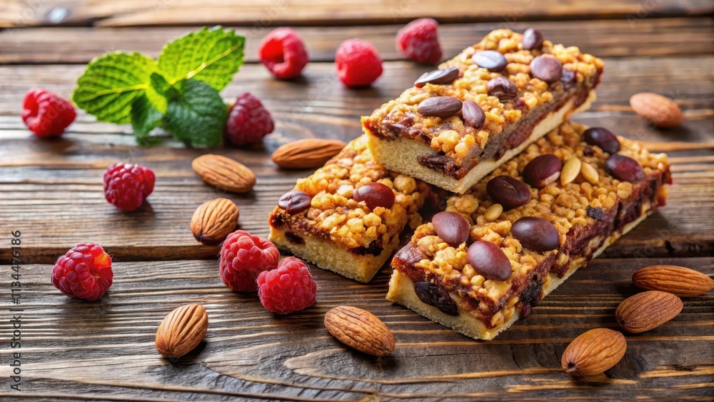 Delicious granola bar with almonds, chocolate chunks, and raspberries on a wooden table , granola, bar, almonds, chocolate Delicious granola bar with almonds, chocolate chunks, and raspberries on a wooden table , granola, bar, almonds, chocolate