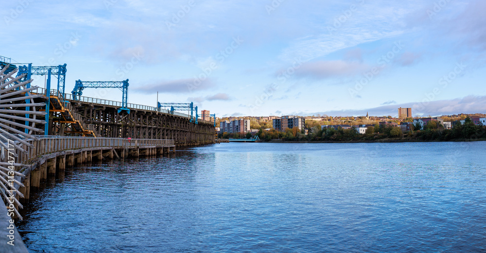 Gateshead UK: 29th Oct 2024: Dunston Staiths on the River Tyne on a sunny autumn day panorama