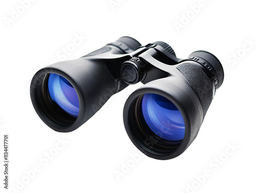 a black binoculars with blue lenses