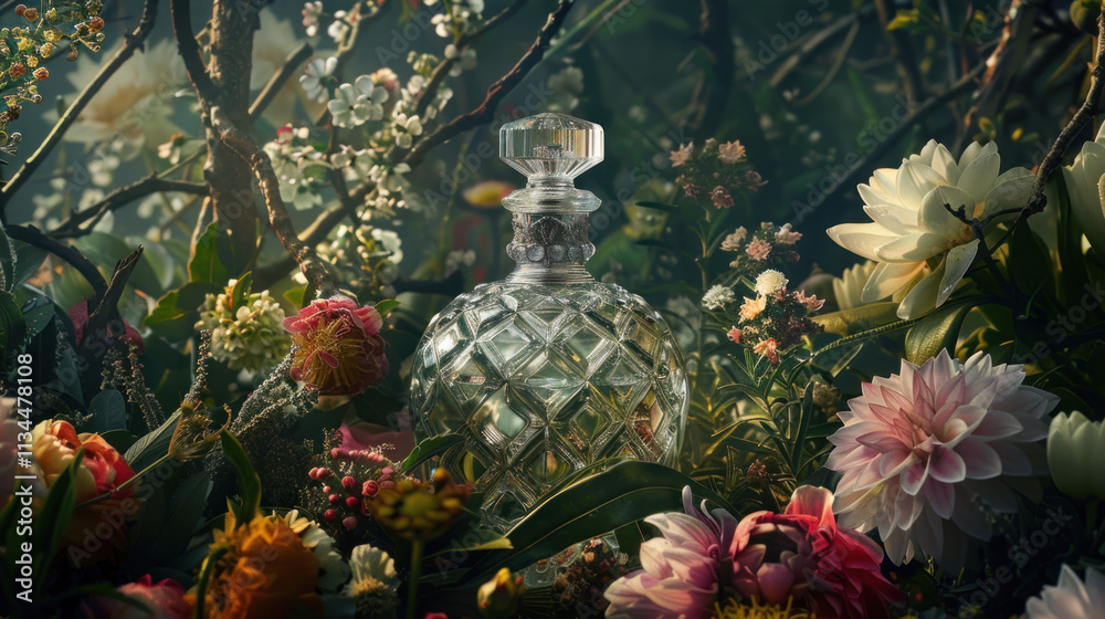 Fototapeta premium Elegant perfume bottle with a vintage-inspired design, surrounded by fresh flowers for a fragrant vibe
