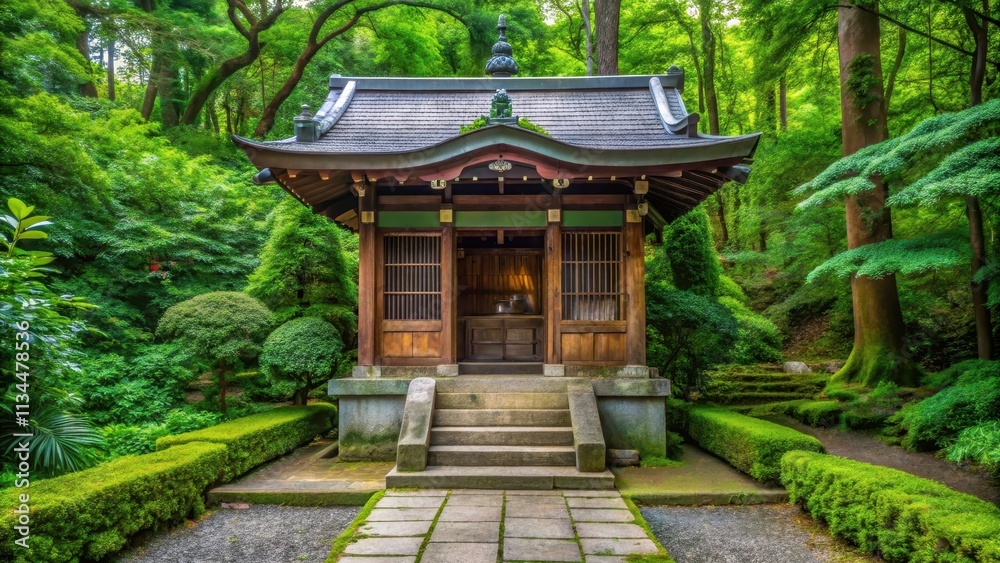 Small, elegant shrine surrounded by lush greenery in Japan , Japanese, shrine, ancient, traditional, architecture Small, elegant shrine surrounded by lush greenery in Japan , Japanese, shrine, ancient, traditional, architecture