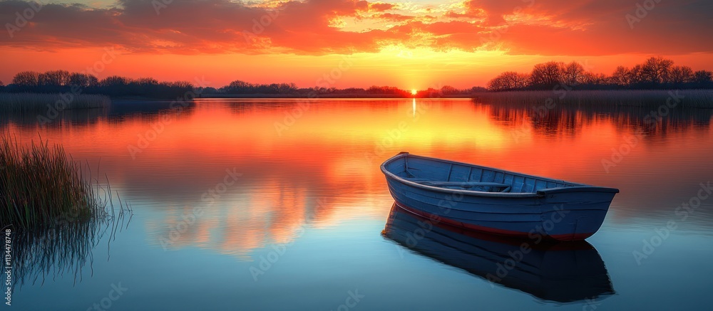Serene sunset over calm lake with small boat. Serene sunset over calm lake with small boat.