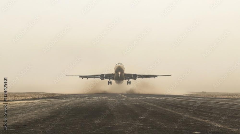 Naklejka premium Aircraft taking off amidst dust storm airport runway action shot harsh environment low angle aviation challenge