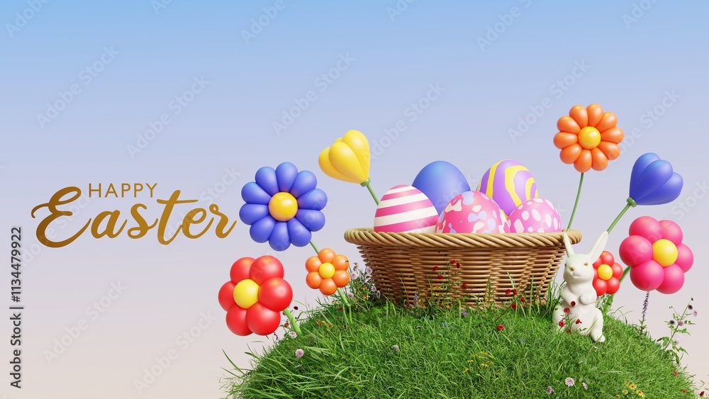 3D render of Easter Day celebration with colorful Easter eggs on a pastel color background 3D render of Easter Day celebration with colorful Easter eggs on a pastel color background