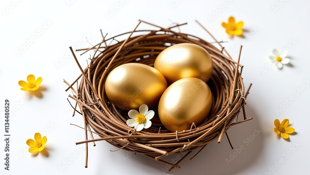 golden eggs hay nest flowers depicted clean white golden eggs hay nest flowers depicted clean white