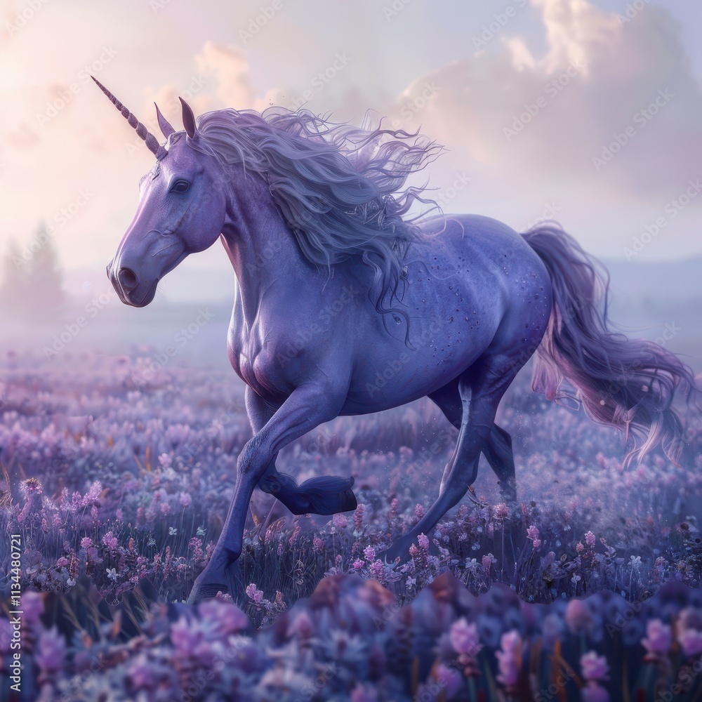 Majestic Unicorn Galloping Through a Lavender Flower Field at Sunrise Majestic Unicorn Galloping Through a Lavender Flower Field at Sunrise