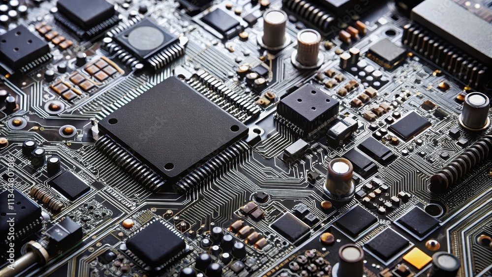 Close-up view of a complex black circuit board with various electronic components , circuit board, technology Close-up view of a complex black circuit board with various electronic components , circuit board, technology