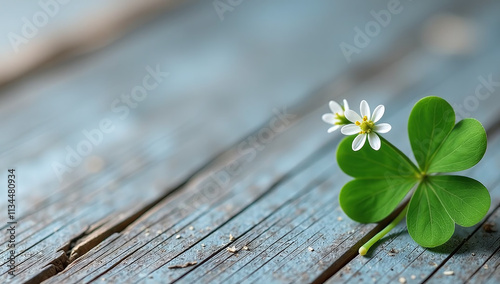 gray wooden background small green clover white flowers four