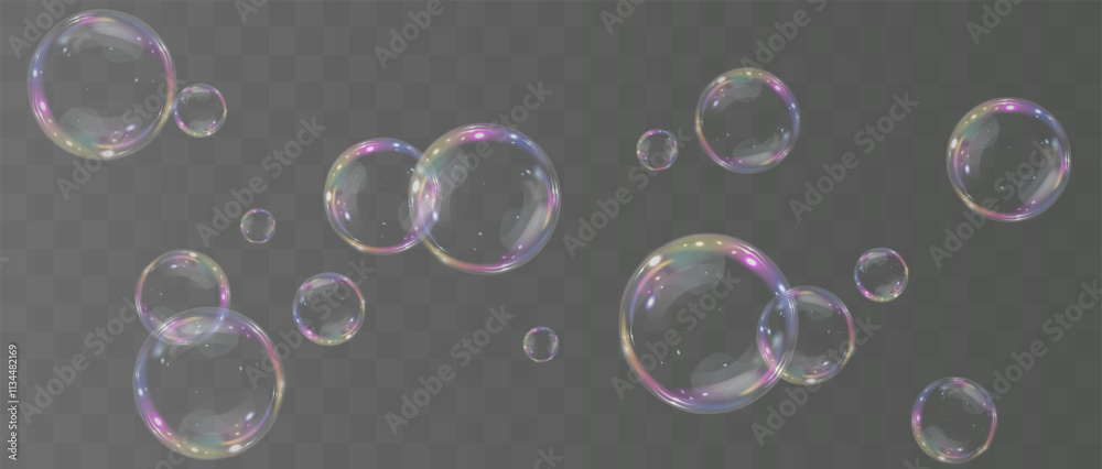 Bubble PNG. Set of realistic soap bubbles. Bubbles are located on a transparent background. Vector flying soap bubbles. Water glass bubble realistic png	
