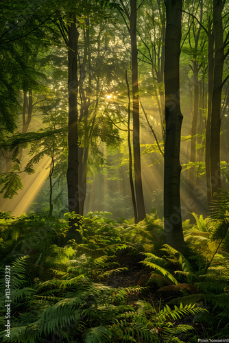 Mystical Morning in a Serene Forest: Nature's Tranquility Illuminated by Golden Sun Rays photo