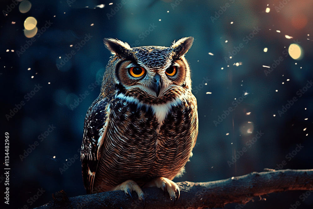 Owl perched on branch under starry night sky Owl perched on branch under starry night sky