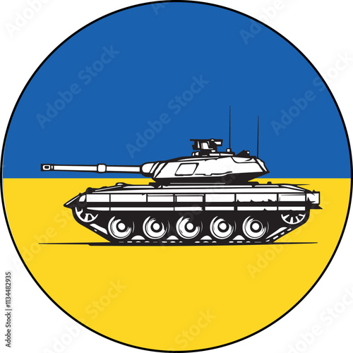 Ukraine flag with tank in the foreground