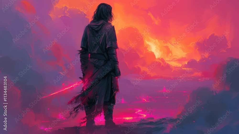 Lone figure with sword facing fiery sunset landscape. Lone figure with sword facing fiery sunset landscape.