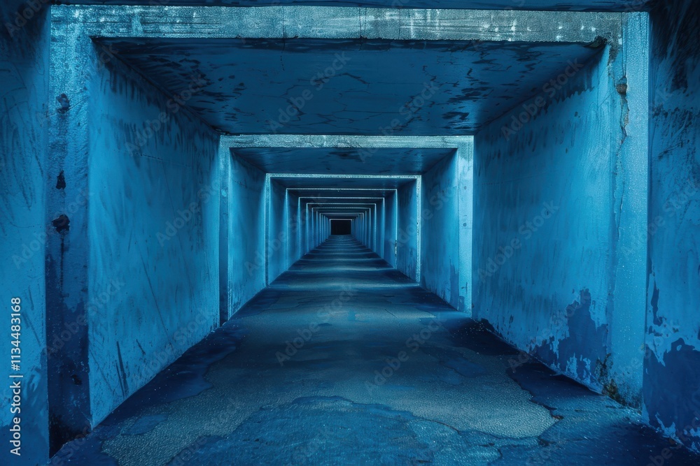 Exploring a Long Abandoned Tunnel Illuminated by Deep Blue Lighting at Dusk Exploring a Long Abandoned Tunnel Illuminated by Deep Blue Lighting at Dusk