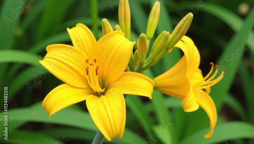 marmalade hemerocallis bright yellow flowers loose cluster tall stems green