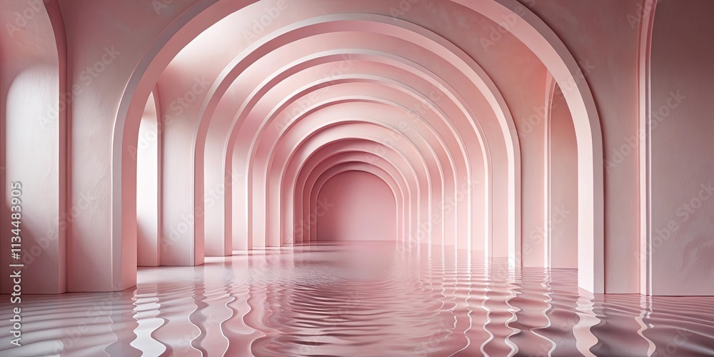 Fototapeta premium Serene Pink Architectural Hallway Flooded with Reflective Water