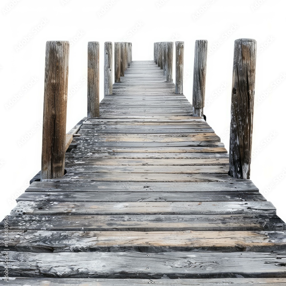 Weathered wooden pier extends towards a blank white backdrop, creating a sense of journey and isolation Weathered wooden pier extends towards a blank white backdrop, creating a sense of journey and isolation