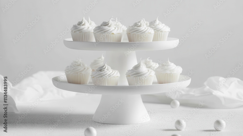 Elegant display of white cupcakes on a two-tiered cake stand against a minimalist backdrop with soft textures and muted colors, perfect for any celebration or dessert occasion. Elegant display of white cupcakes on a two-tiered cake stand against a minimalist backdrop with soft textures and muted colors, perfect for any celebration or dessert occasion.