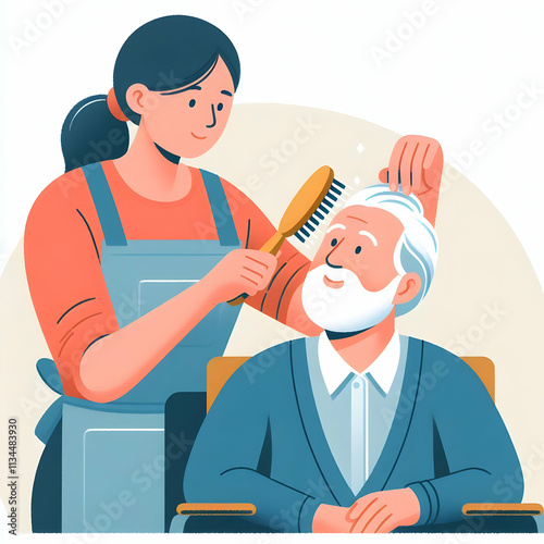 Close Up Caregiver Brushing Elderly Hair Macro Shot of Personal Care and Comfort in Daily Caregiving Activities