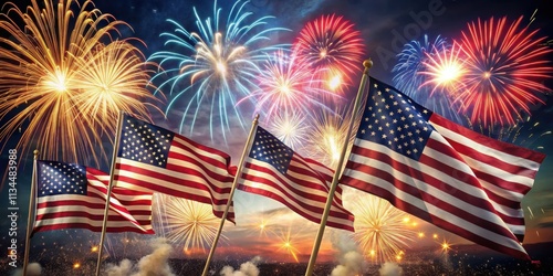 Celebrating the Fourth of July with fireworks and American flags, patriotic, USA, United States, birthday