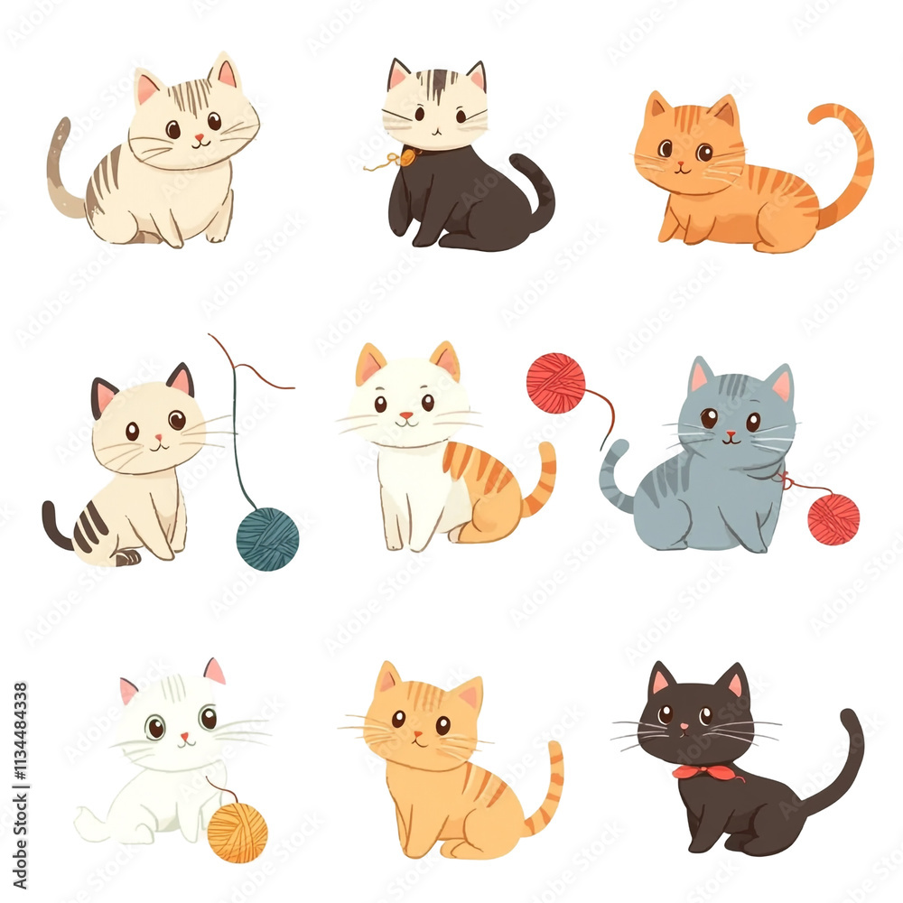 Obraz premium Adorable Collection of Nine Cute Cartoon Kittens Playing with Yarn