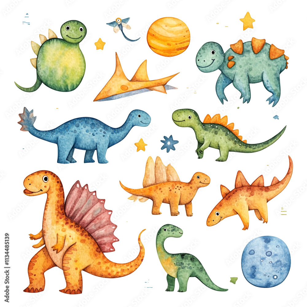 Fototapeta premium Adorable Watercolor Dinosaurs in Space: A Delightful Collection of Prehistoric Creatures Among the Stars and Planets