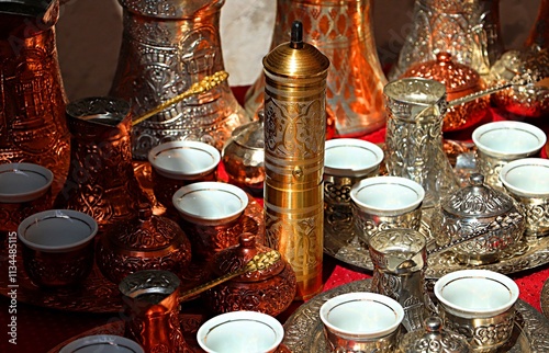 Sarajevo, Bosnia and Herzegovina, Sale at the market of accessories for traditional Turkish coffee making photo