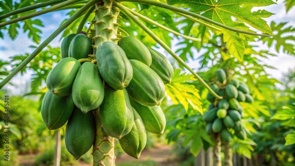 Unripe green papayas hanging from a papaya tree , tropical, agriculture, fruit, organic, farm, harvest, growth, unripe, green Unripe green papayas hanging from a papaya tree , tropical, agriculture, fruit, organic, farm, harvest, growth, unripe, green