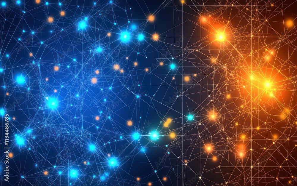 A dynamic abstract technology background, featuring glowing blue and orange connections and dots. The pattern symbolizes a vast digital network, perfect for data-related designs, web content. A dynamic abstract technology background, featuring glowing blue and orange connections and dots. The pattern symbolizes a vast digital network, perfect for data-related designs, web content.