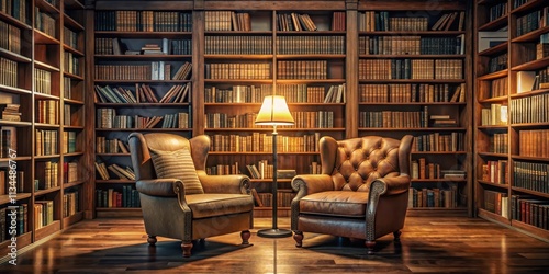 Cozy reading nook in a library with plush armchair, warm lighting, and bookshelves , Library, cozy