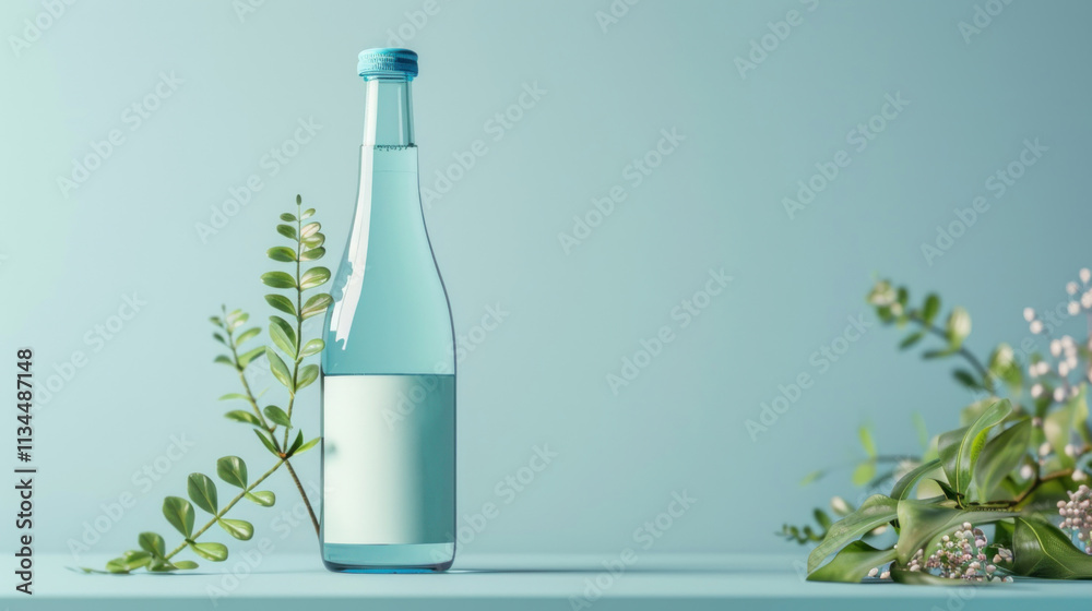 Minimalist beverage bottle with a blank label, placed against a soft blue backdrop