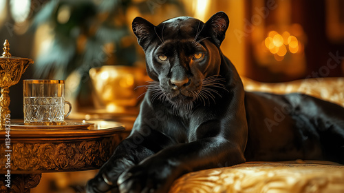A sleek black panther lounging gracefully on a golden sofa, surrounded by ornate decor and warm ambient lighting.
