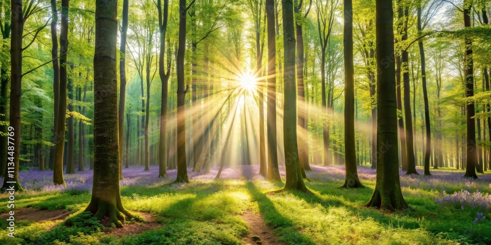 Obraz premium Silent forest in spring with bright sun rays filtering through the trees, nature, woods, peaceful, tranquility, sunlight