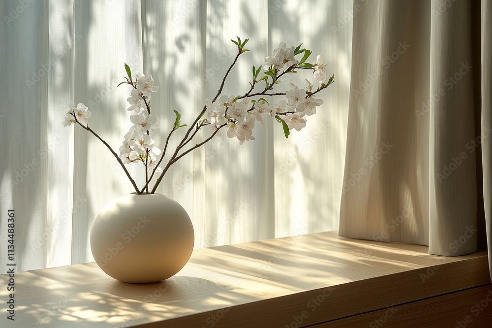 A peaceful minimalist scene featuring a single branch of white blossoms elegantly displayed in a round ceramic vase. A peaceful minimalist scene featuring a single branch of white blossoms elegantly displayed in a round ceramic vase.