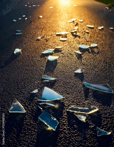 Sharp glass shards scattered on an asphalt road at sunset, emphasizing danger, litter, and urban waste concerns.