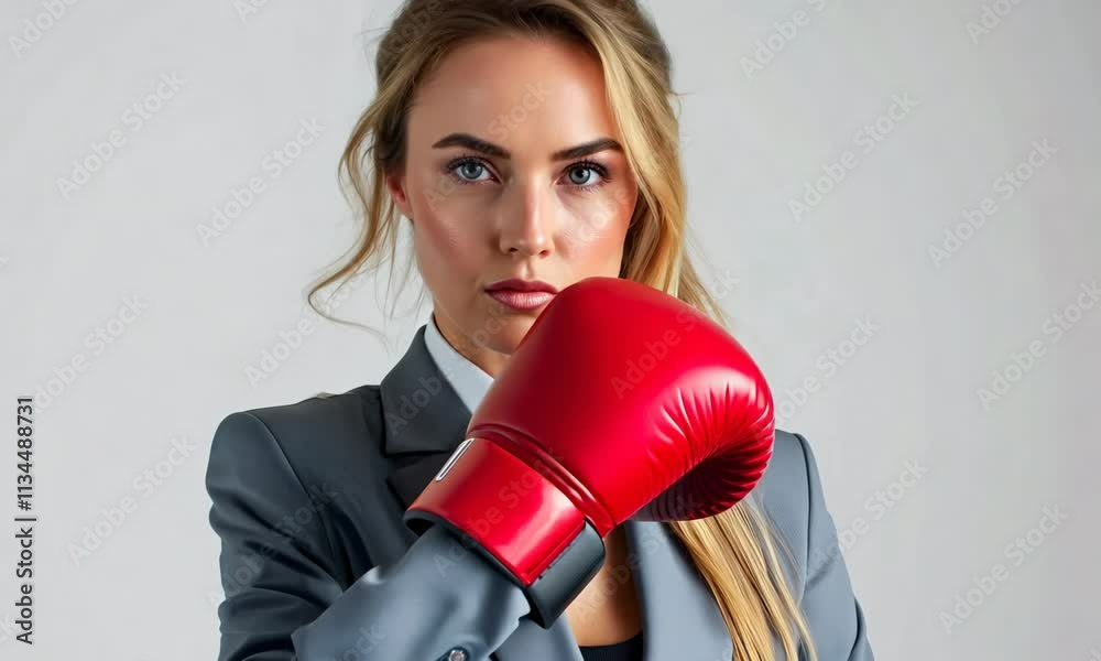 young woman in suit with red boxing gloves stands in attack or defense pose symbolizes serious struggle in business, determination, success, strength, challenge, power young woman in suit with red boxing gloves stands in attack or defense pose symbolizes serious struggle in business, determination, success, strength, challenge, power