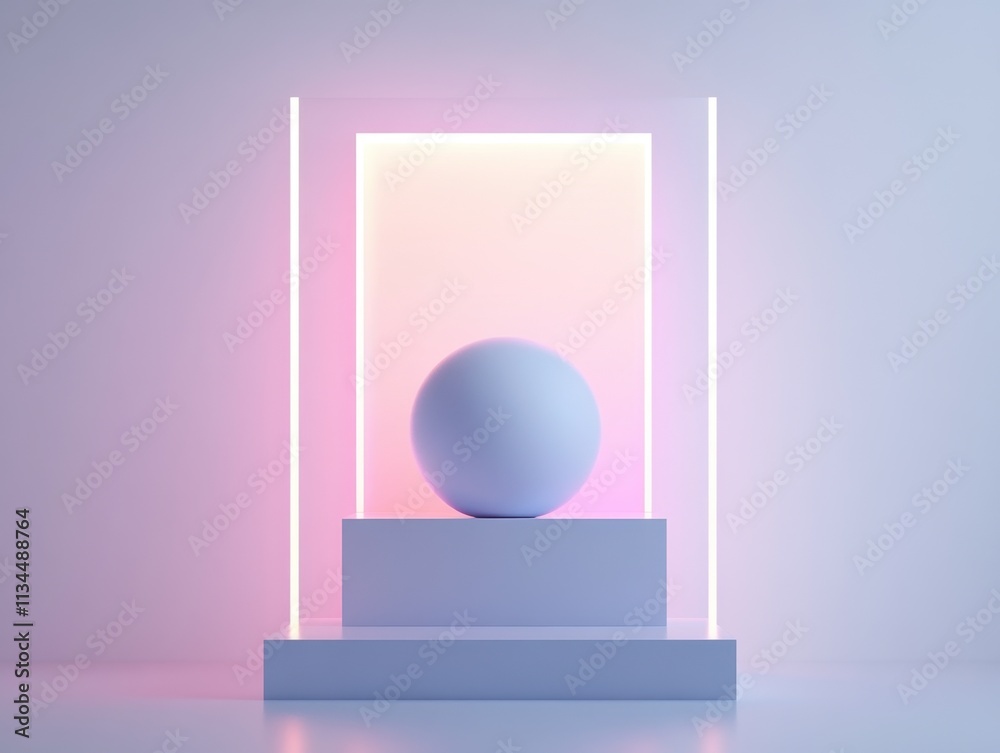 Geometric sphere on minimalist pedestal with soft neon glow Geometric sphere on minimalist pedestal with soft neon glow