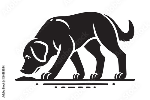 silhouette of a Labrador Retriever sniffing the ground attentively.