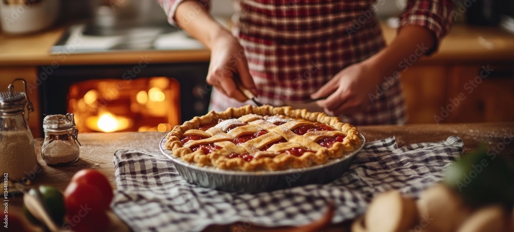 Fototapeta premium Homemade Cherry Pie: A Warm and Delicious Treat