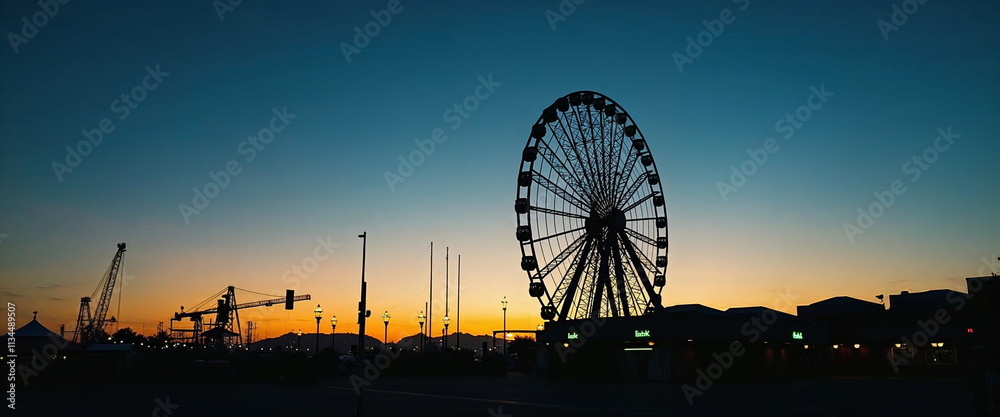 Ferris wheel silhouette against colorful sunset sky Ferris wheel silhouette against colorful sunset sky