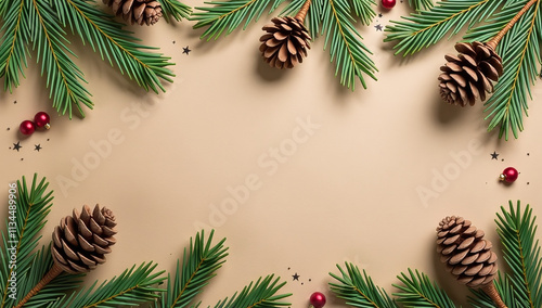 spruce twigs cones arranged brown paper background christmas scene plenty negative space around photo