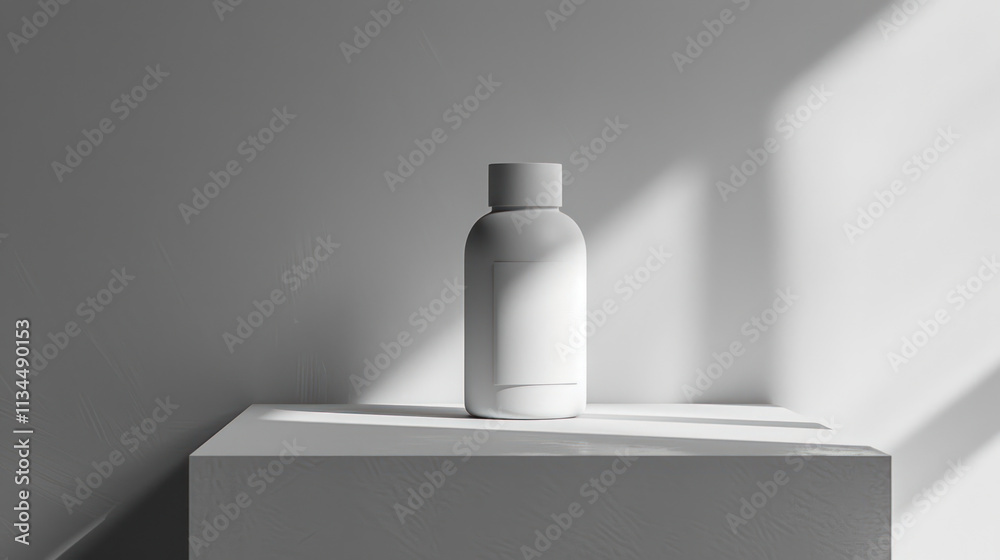Minimalist product bottle with matte finish, blank label, soft lighting Minimalist product bottle with matte finish, blank label, soft lighting