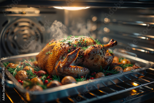 A roasting pan with a Christmas turkey inside the oven. Cooked to a perfect golden brown at home in the oven.