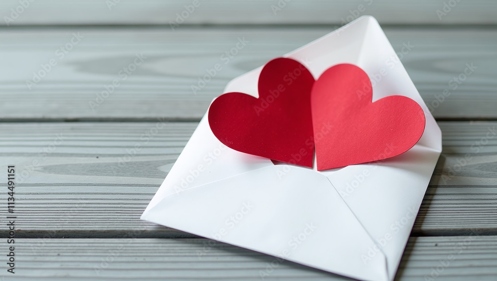 two red paper hearts sit atop white open envelope gray wooden two red paper hearts sit atop white open envelope gray wooden