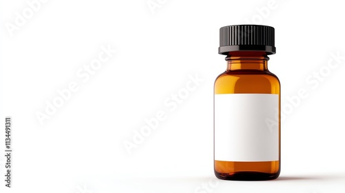 Amber glass bottle with a blank label, isolated on white background.